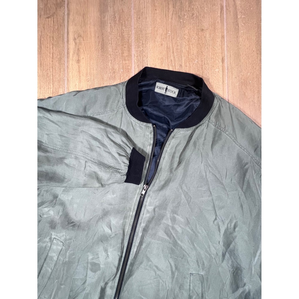Robert Stock Mens Vintage 100% Silk Bomber Jacket Sage Green Full Zip Large